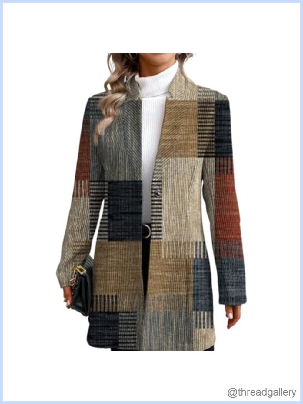 Women's Long Blazer Jacket Open Front Long Sleeve Loose Fit Plaid Work Office